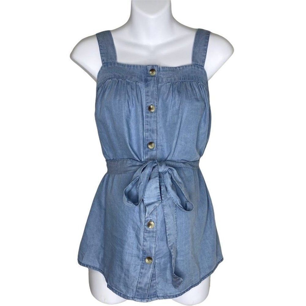 Motherhood Maternity Blouse Top Women's MEDIUM Blue‎ Button-Front Self-Tie NEW